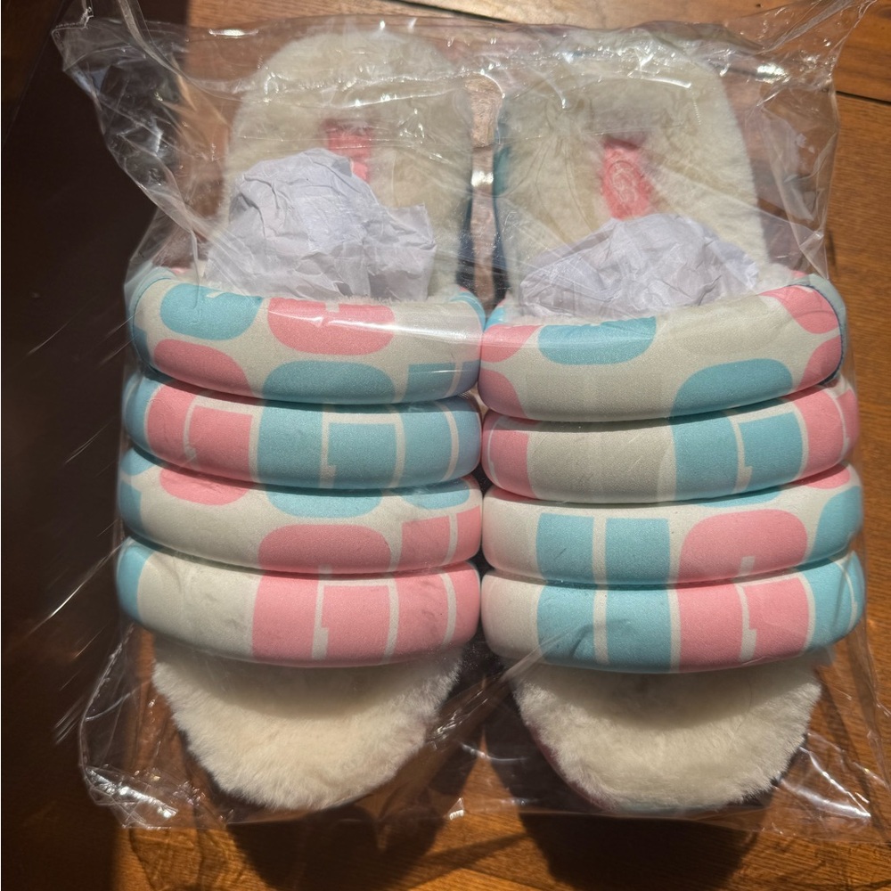 UGG Logo Maxi Slide In Pink & Blue Women's Sz 9 Men’s Sz 7 Slide Wedge Slippers